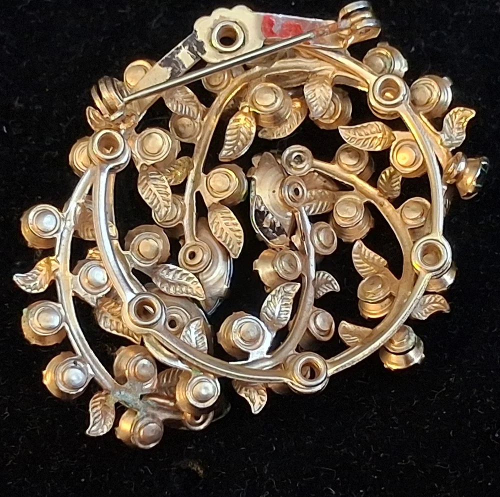 Goldtone Vines And Leaves Brooch With Green And Ab Rhinestones